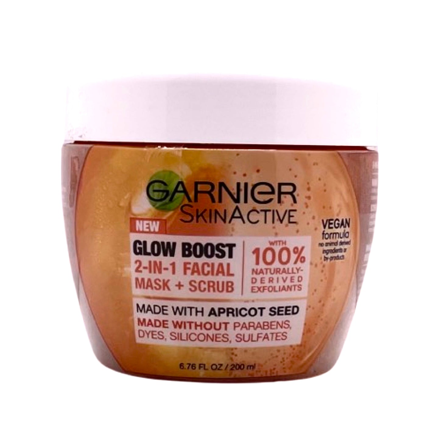 GARNIER SKINACTIVE GLOW BOOST 2-IN-1 FACIAL MASK + SCRUB (VEGAN FORMULA, MADE WITH APRICOT SEED WITHOUT PARABENS, DYES, SILICONES AND SULFATES 6.76 fl. oz. / 200 ml