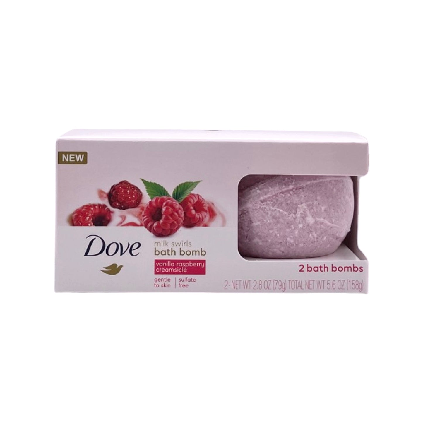 DOVE MILK SWIRLS BATH BOMB VANILLA RASPBERRY & CREAMSICLE 2 PACK GENTLE TO SKIN 5.6 oz / 158 g